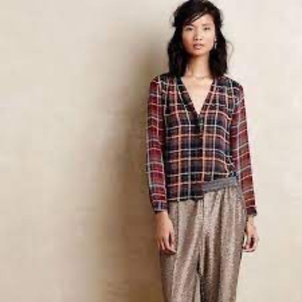 Anthropologie Maeve Women's Sheer Split Neck Multicolor Plaid Blouse Sz M